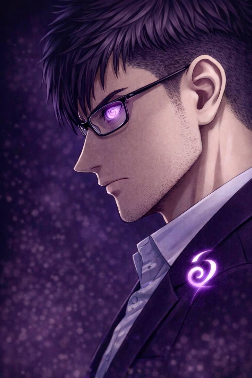 Portrait violet de supersocks, profil gauche, lunettes, regard néon.