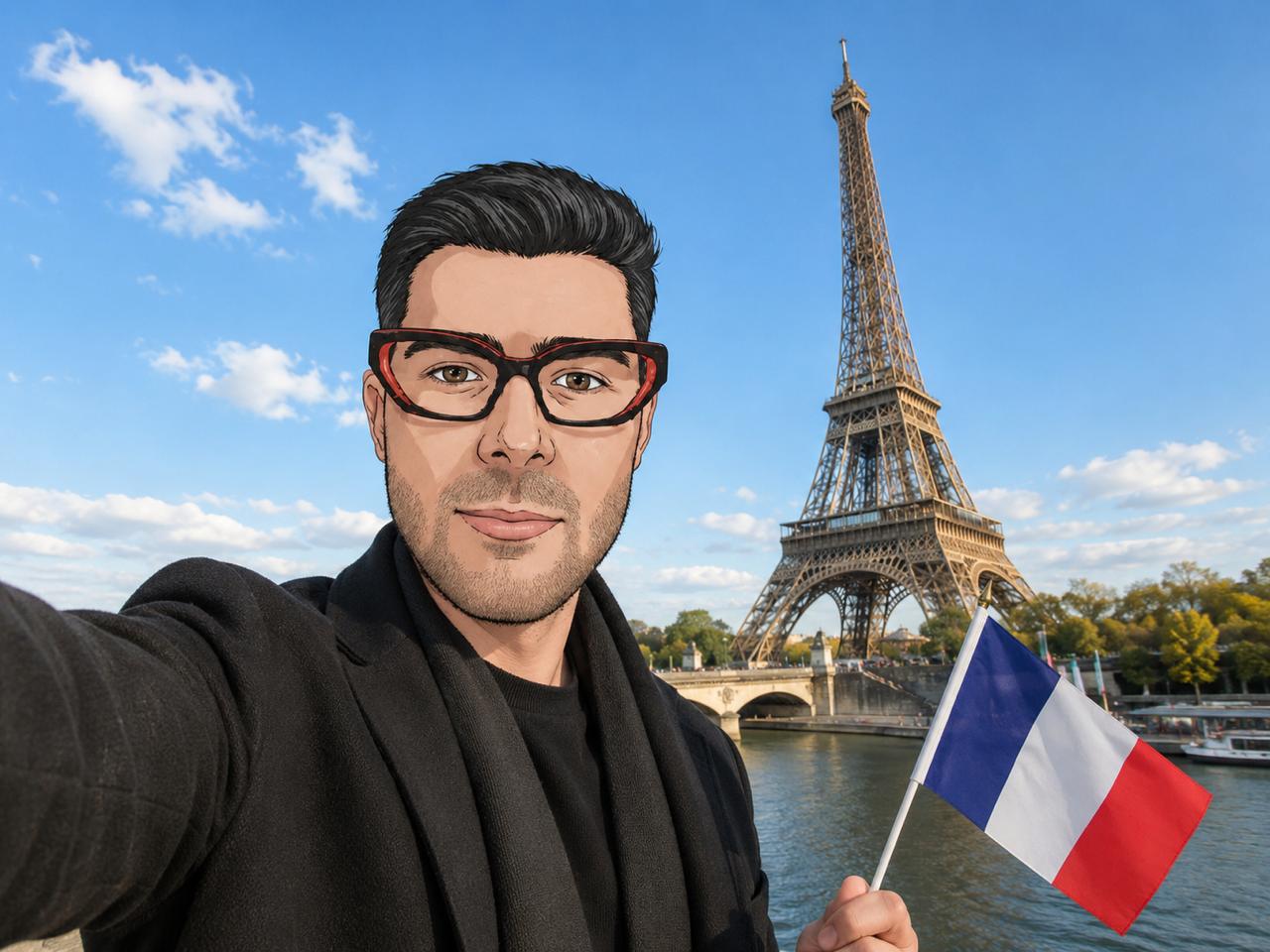 Supersocks in front of the Eiffel Tower holding a French flag.