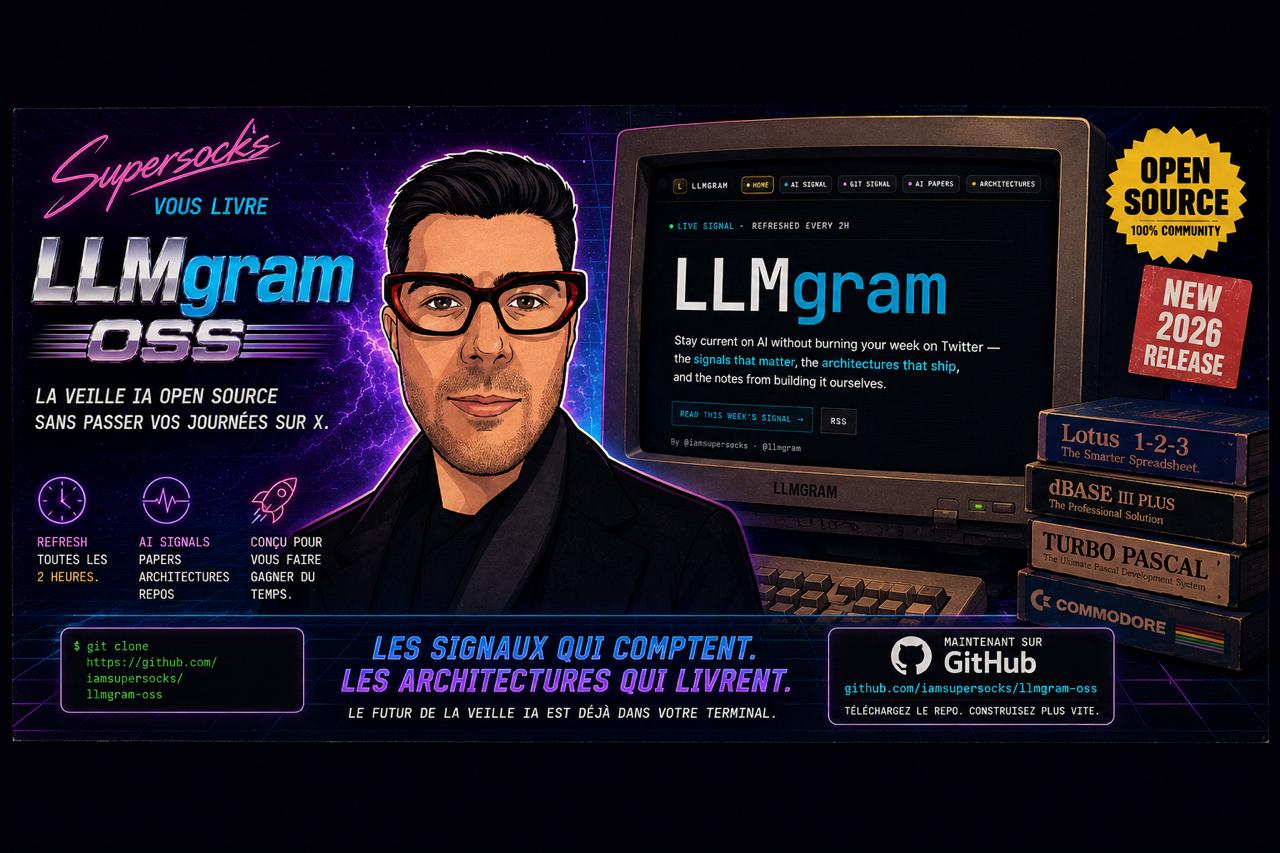 Affiche rétro LLMgram OSS avec écran d'ordinateur et badge open source.