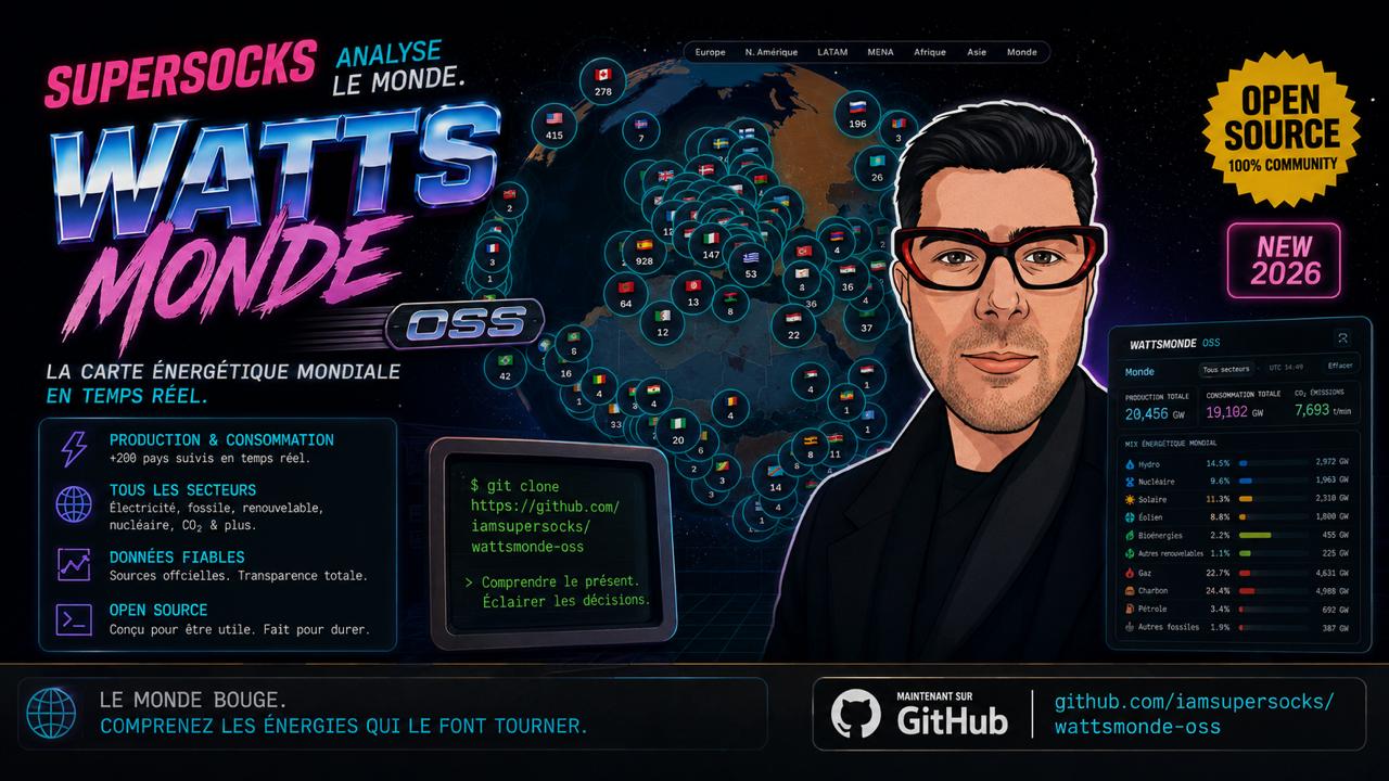 Affiche WattsMonde OSS avec carte énergétique mondiale, portrait Supersocks et badge open source.